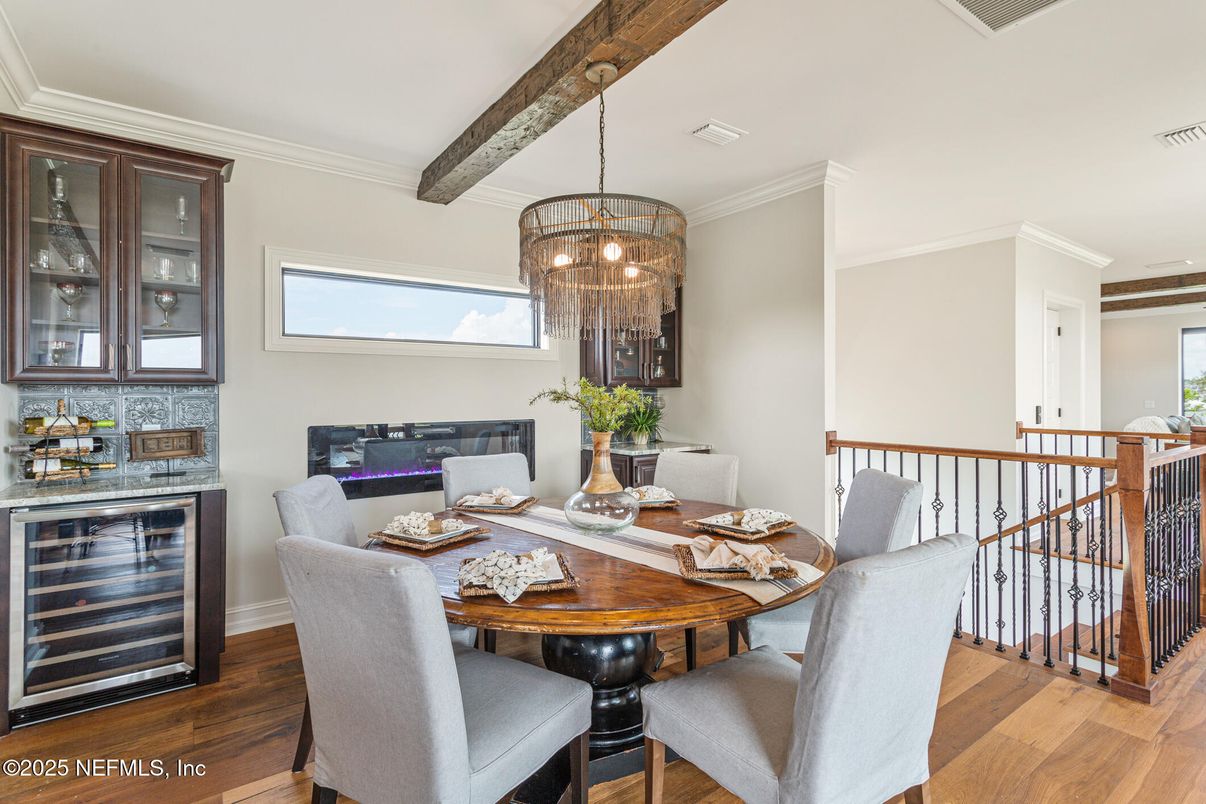Chandelier, Dining room, Interior, Wooden Beams, Wood Texture Flooring