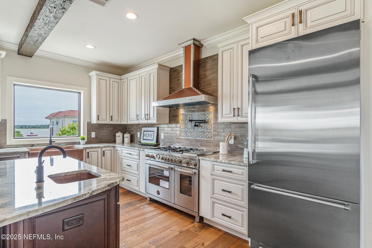 Interior, Kitchen, Recessed Lighting, Stainless Steel Appliances, Stone Walls, Wooden Beams, Wood Texture Flooring