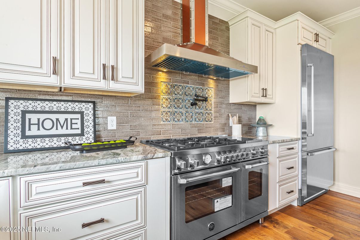 Interior, Kitchen, Stainless Steel Appliances, Stone Walls, Wood Texture Flooring