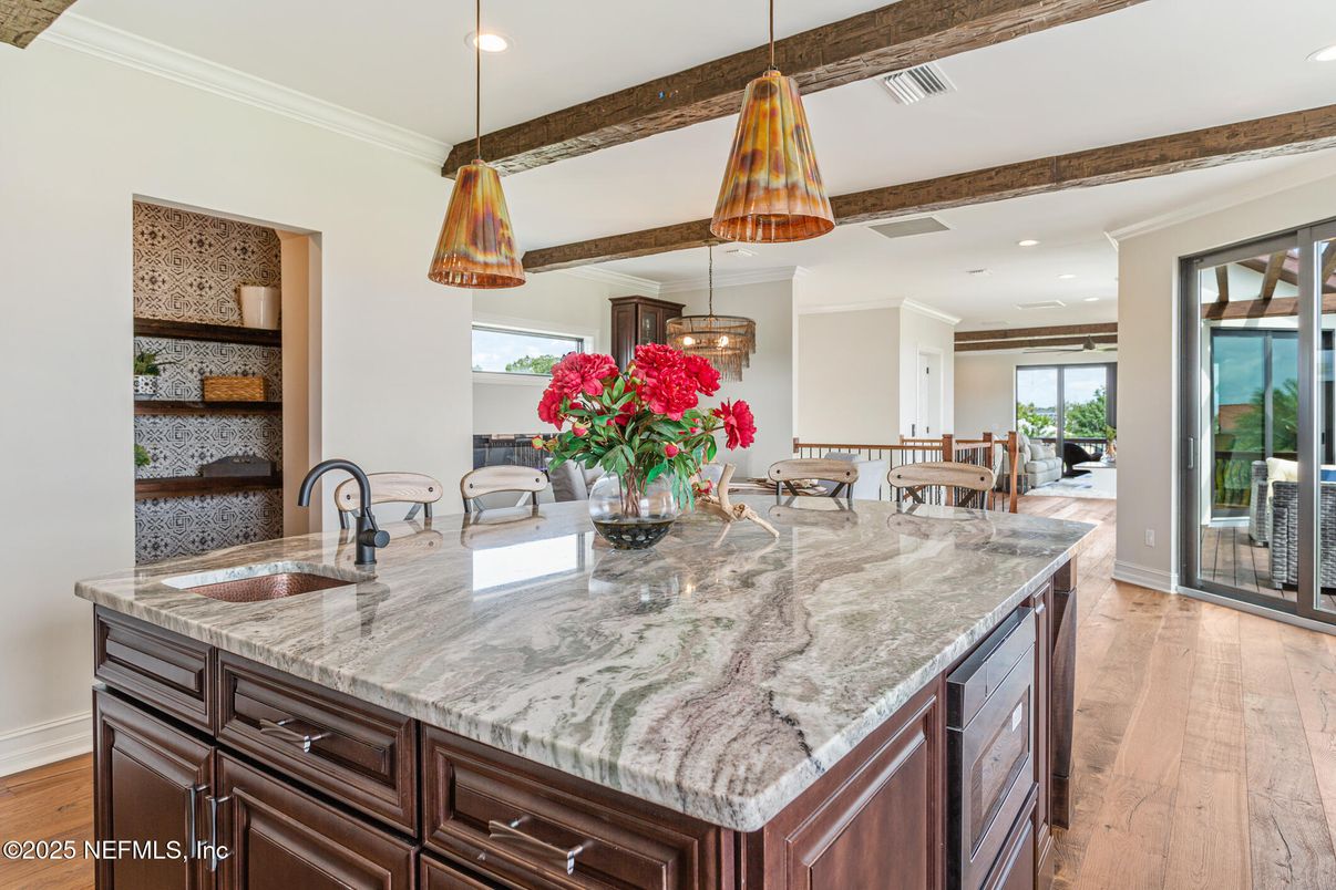 Dining room, Interior, Kitchen, Pendant Lights, Recessed Lighting, Wood Texture Flooring