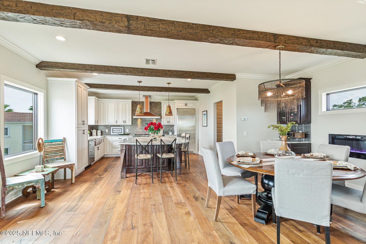 Chandelier, Dining room, Interior, Kitchen, Pendant Lights, Recessed Lighting, Stainless Steel Appliances, Wooden Beams, Wood Texture Flooring