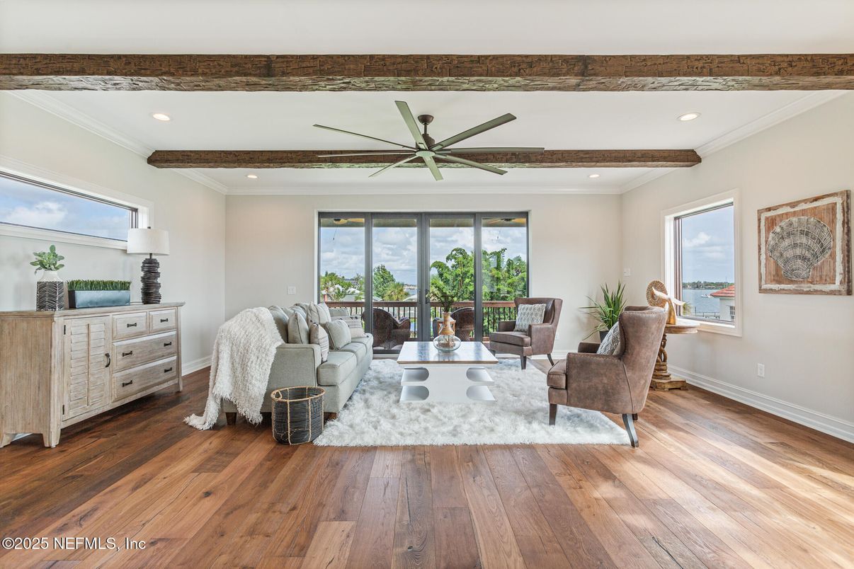 Interior, Living room, Recessed Lighting, Water, Wooden Beams, Wood Texture Flooring