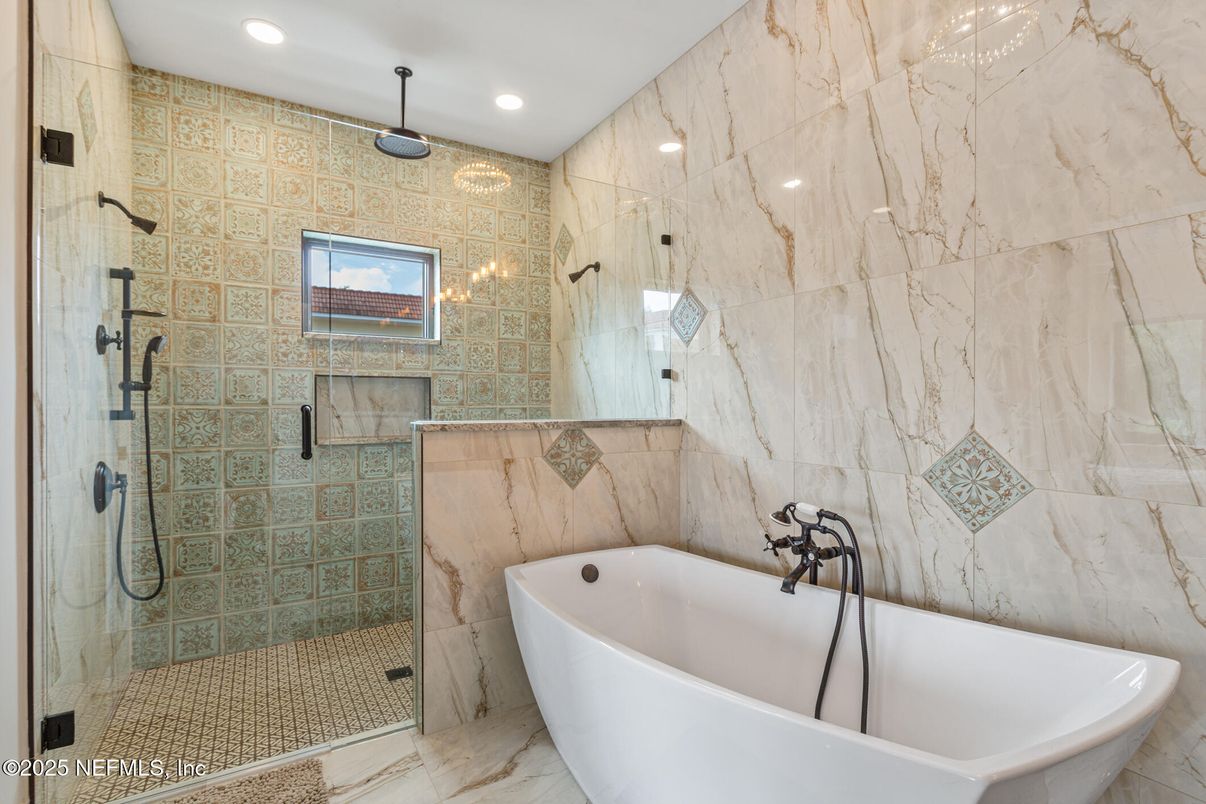 Bathroom, Free Standing Baths, Glass Shower, Interior, Marble Walls, Recessed Lighting