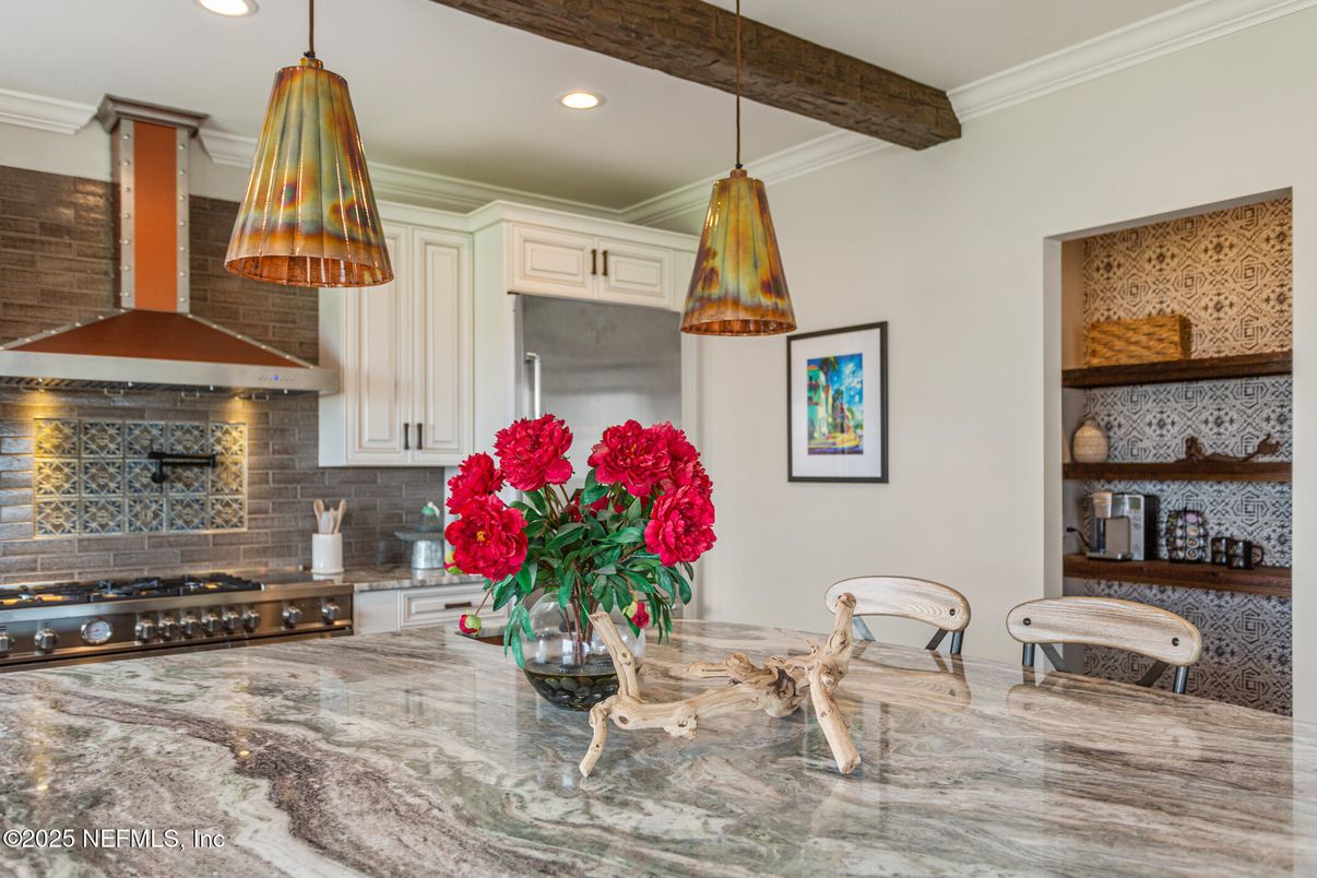 Interior, Kitchen, Pendant Lights, Recessed Lighting, Stainless Steel Appliances, Stone Walls, Wooden Beams