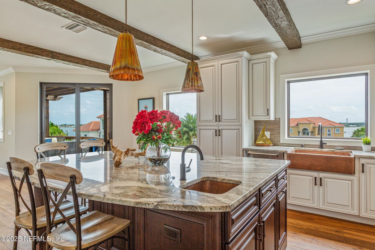 Interior, Kitchen, Pendant Lights, Recessed Lighting, Water, Wooden Beams, Wood Texture Flooring