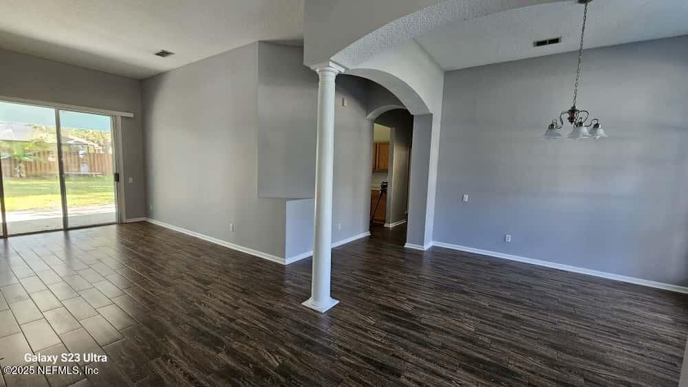 Chandelier, Empty room, Interior, Pendant Lights, Wood Texture Flooring