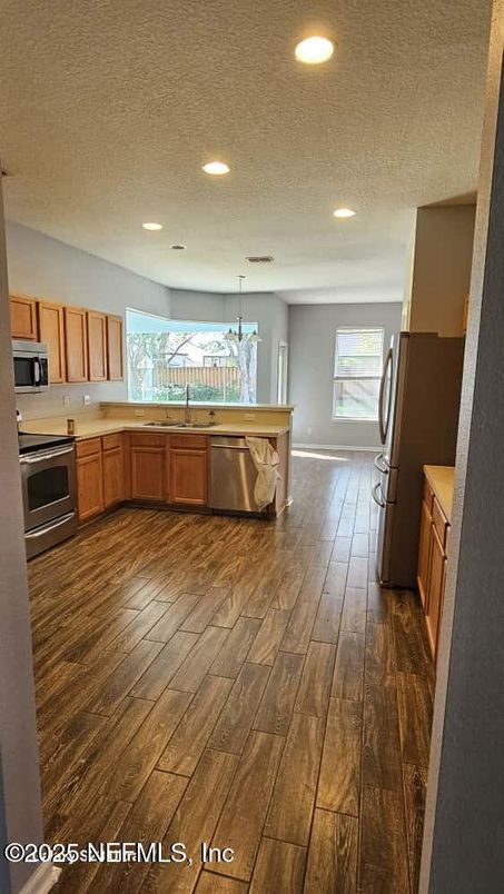 Interior, Kitchen, Pendant Lights, Recessed Lighting, Stainless Steel Appliances, Wood Texture Flooring