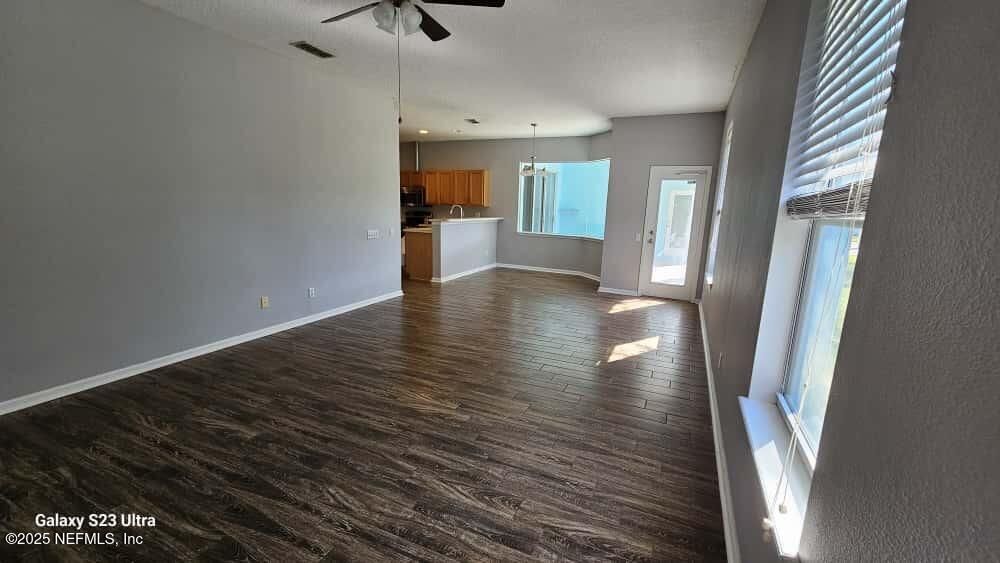 Empty room, Interior, Kitchen, Pendant Lights, Recessed Lighting, Wood Texture Flooring