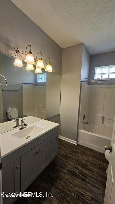 Bathroom, Dual Sink Vanities, Glass Shower, Interior, Wood Texture Flooring