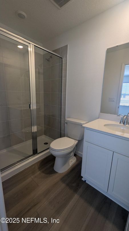 Bathroom, Glass Shower, Interior, Recessed Lighting, Wood Texture Flooring