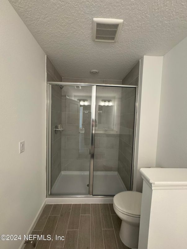 Bathroom, Glass Shower, Interior, Wood Texture Flooring