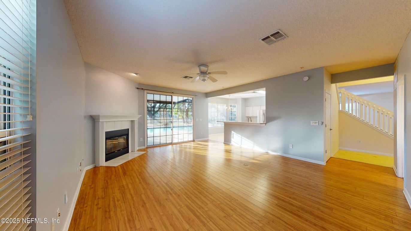 Empty room, Fireplace, Interior, Recessed Lighting, Wood Texture Flooring