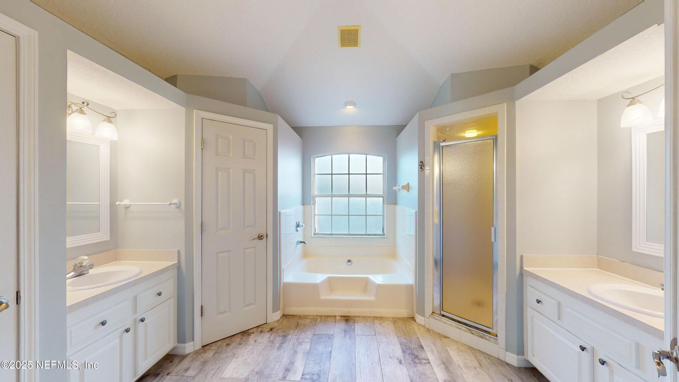 Bathroom, Glass Shower, Interior, Recessed Lighting, Wood Texture Flooring