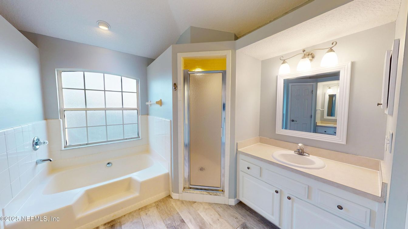 Bathroom, Glass Shower, Interior, Recessed Lighting, Wood Texture Flooring