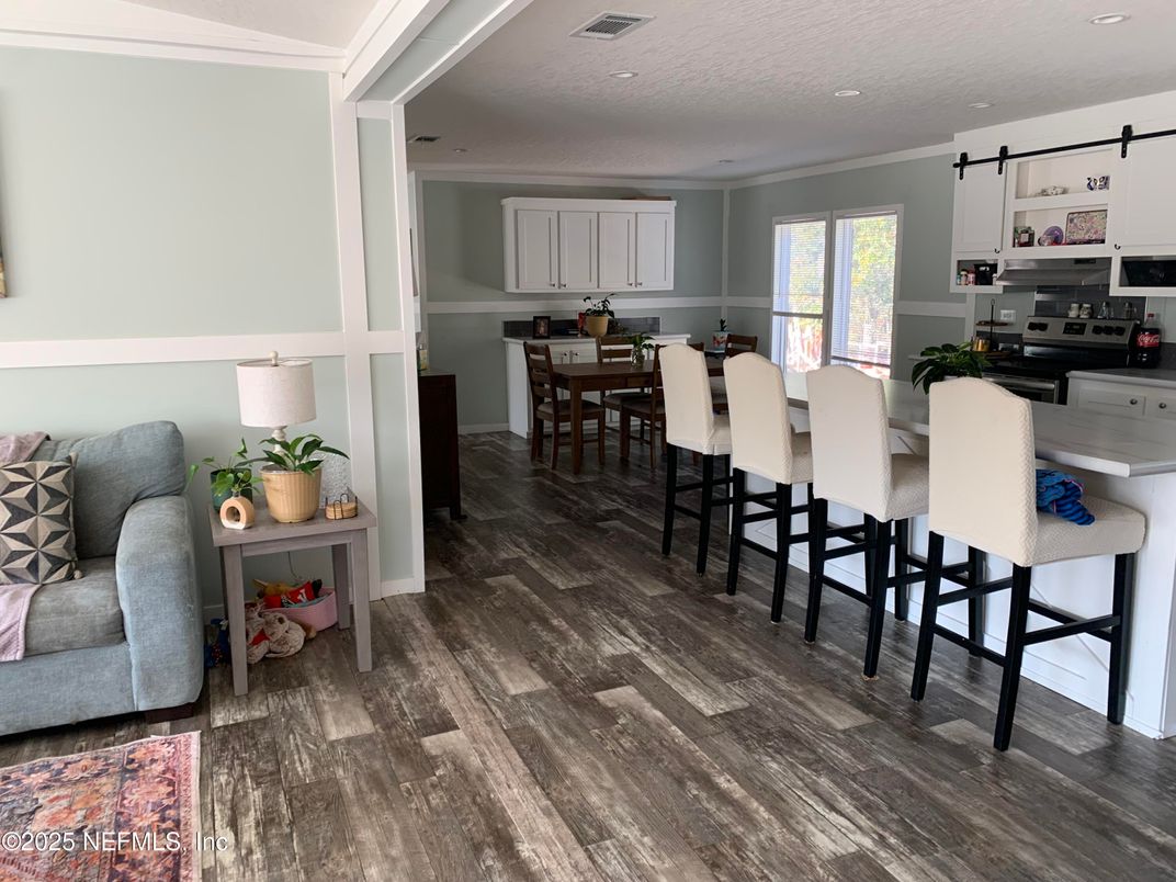 Dining room, Interior, Kitchen, Recessed Lighting, Wood Texture Flooring