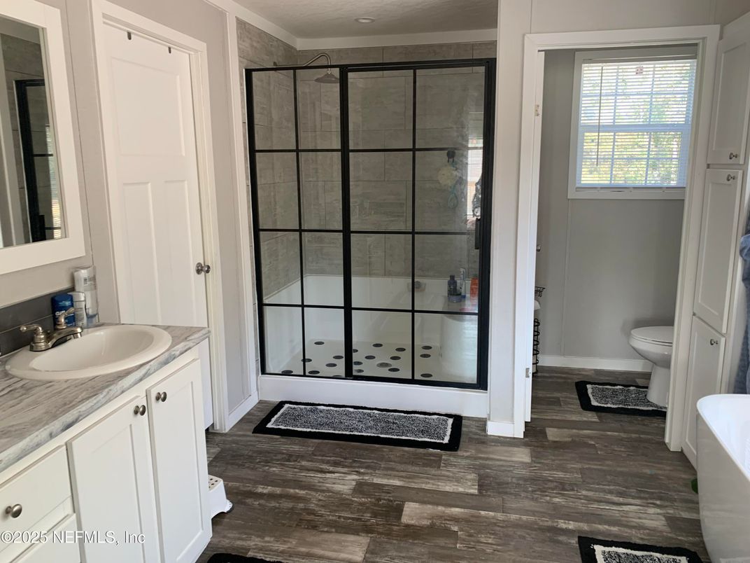 Bathroom, Glass Shower, Interior, Wood Texture Flooring