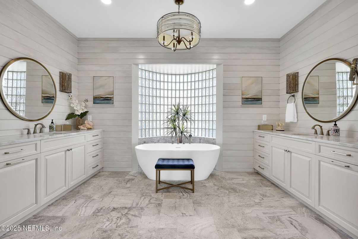 Bathroom, Dual Sink Vanities, Free Standing Baths, Interior, Marble, Pendant Lights, Recessed Lighting