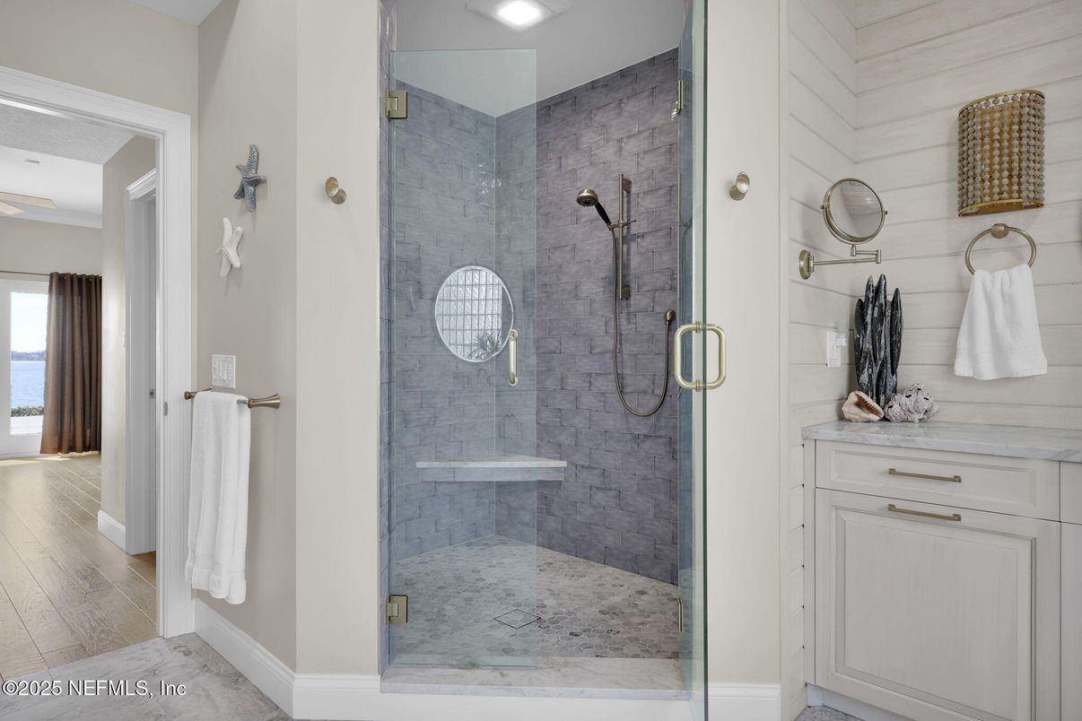 Bathroom, Glass Shower, Interior, Recessed Lighting, Wood Texture Flooring