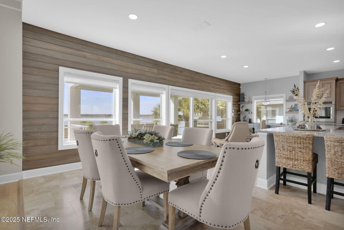 Dining room, Interior, Recessed Lighting, Wooden Walls