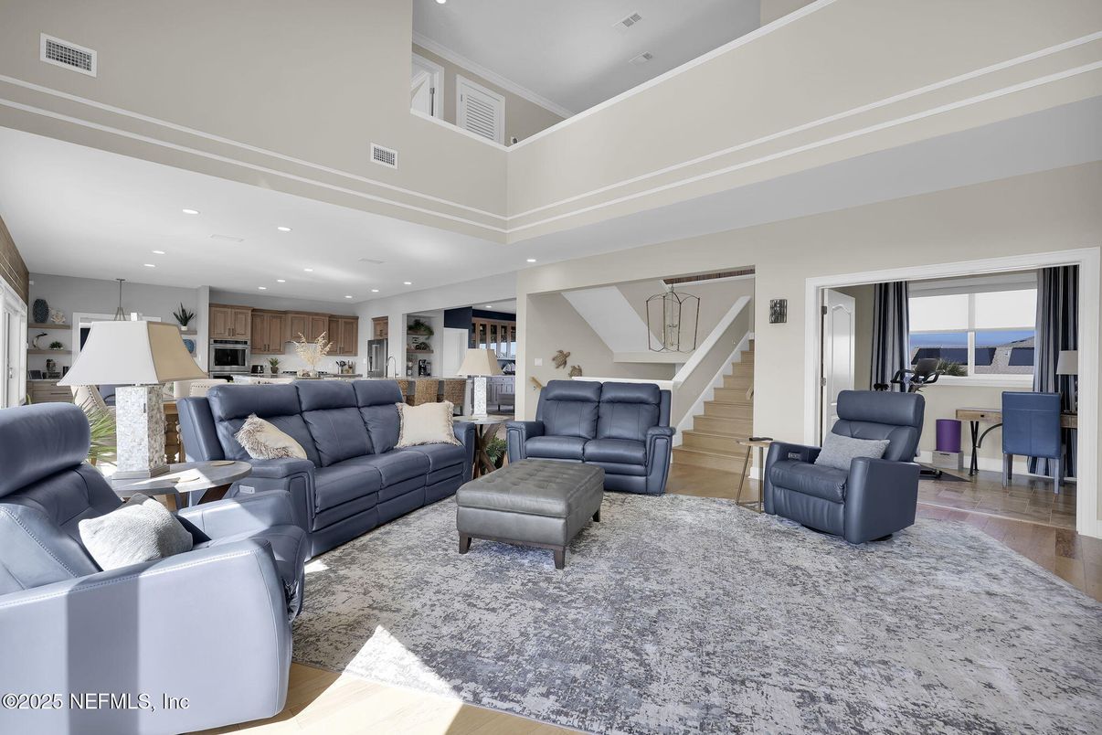 Dining room, Interior, Kitchen, Living room, Recessed Lighting, Stainless Steel Appliances, Wood Texture Flooring