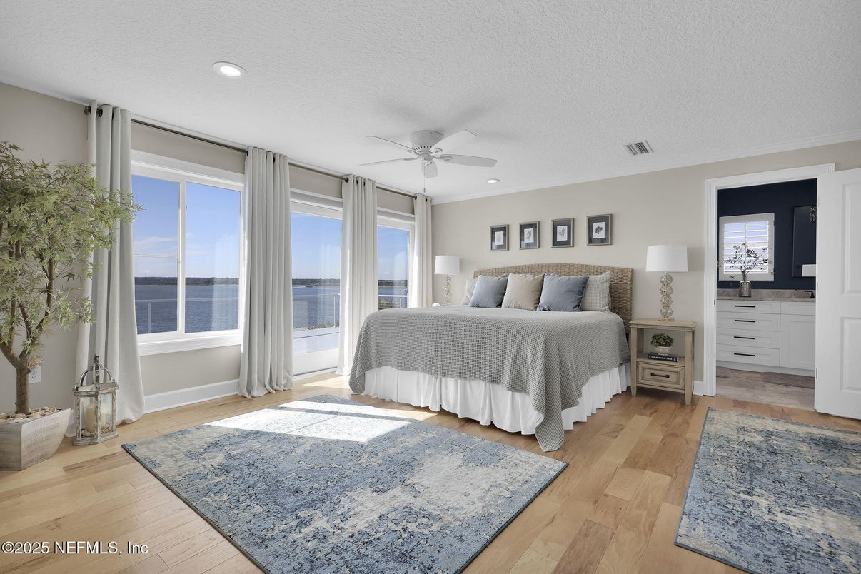 Bedroom, Interior, Recessed Lighting, Water, Wood Texture Flooring