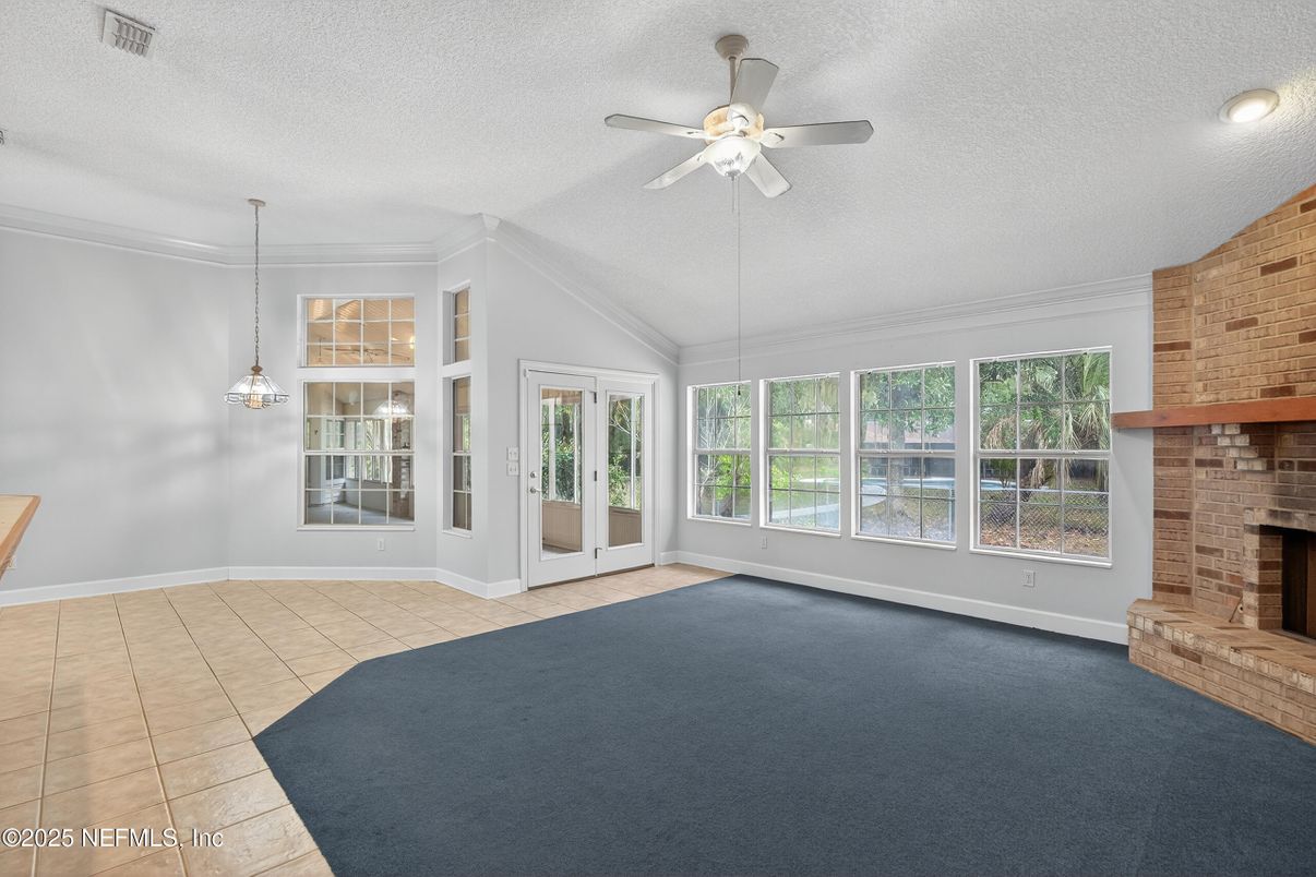 Empty room, Fireplace, Interior, Pendant Lights, Stone Walls