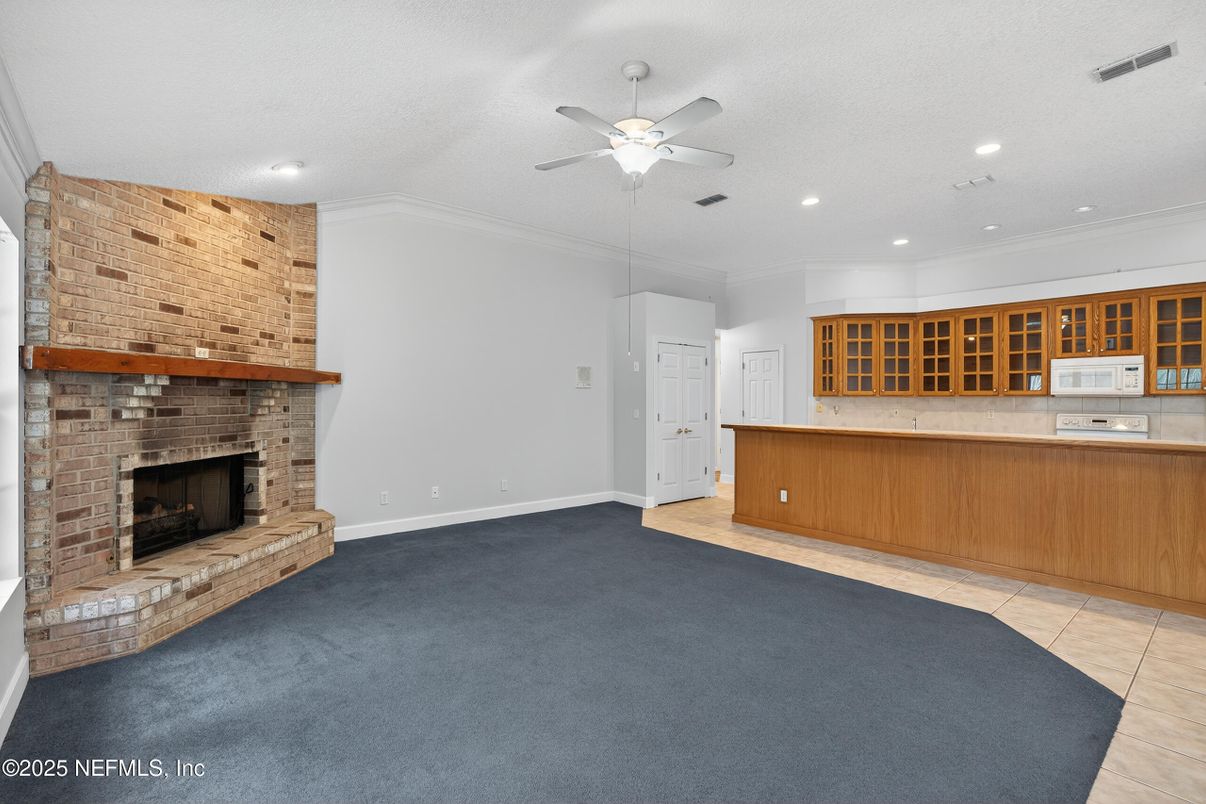 Empty room, Fireplace, Interior, Recessed Lighting, Stone Walls