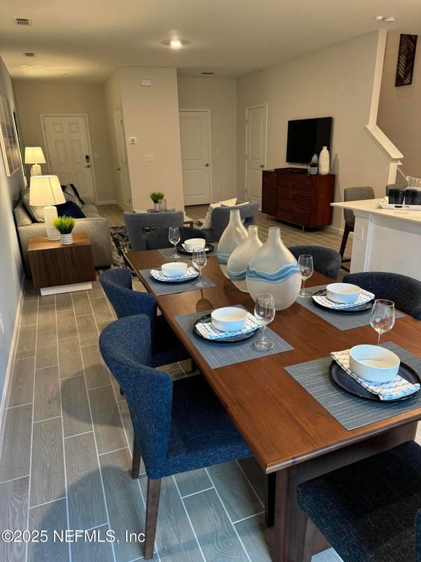 Dining room, Interior, Recessed Lighting, Wood Texture Flooring