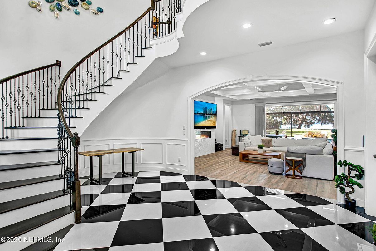 Fireplace, Interior, Living room, Recessed Lighting, Wood Texture Flooring