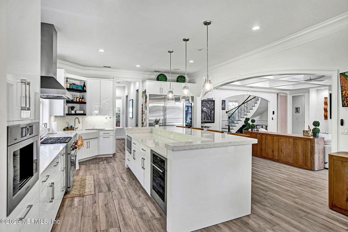 Interior, Kitchen, Pendant Lights, Recessed Lighting, Stainless Steel Appliances, Wood Texture Flooring