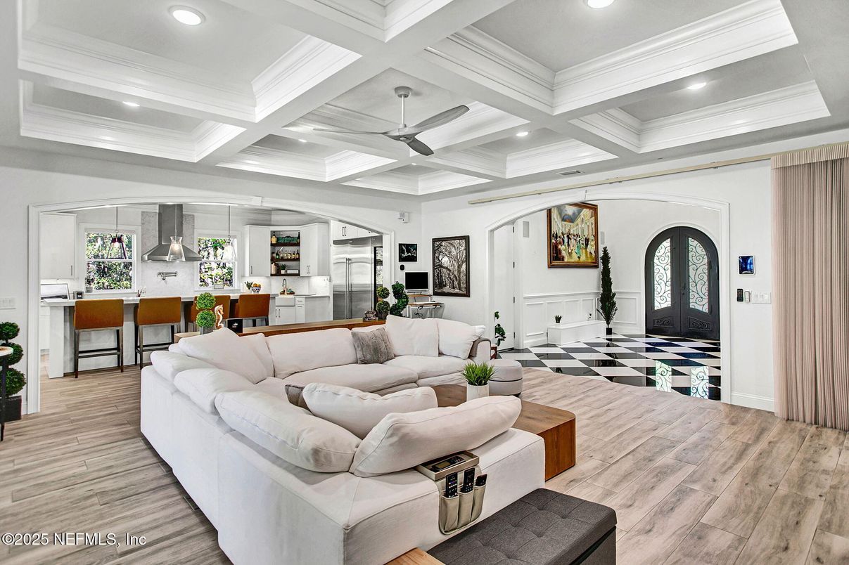 Interior, Kitchen, Living room, Pendant Lights, Recessed Lighting, Wood Texture Flooring