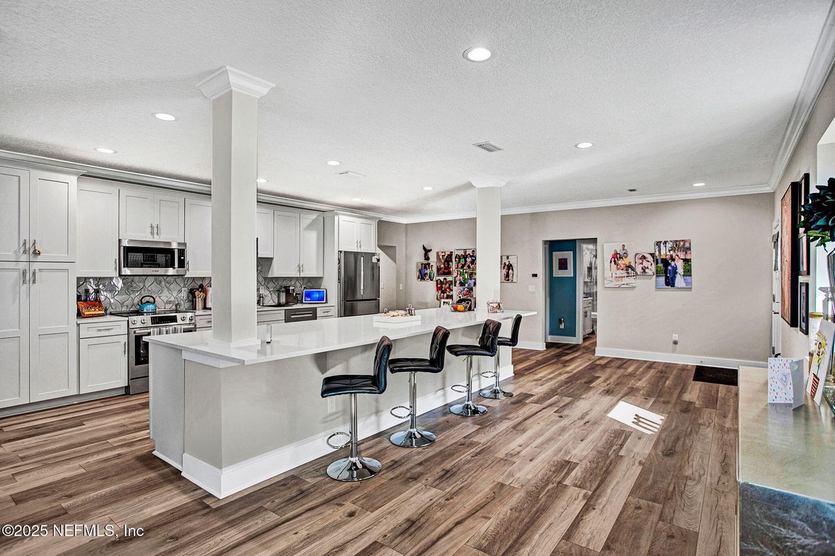 Interior, Kitchen, Recessed Lighting, Stainless Steel Appliances, Wood Texture Flooring