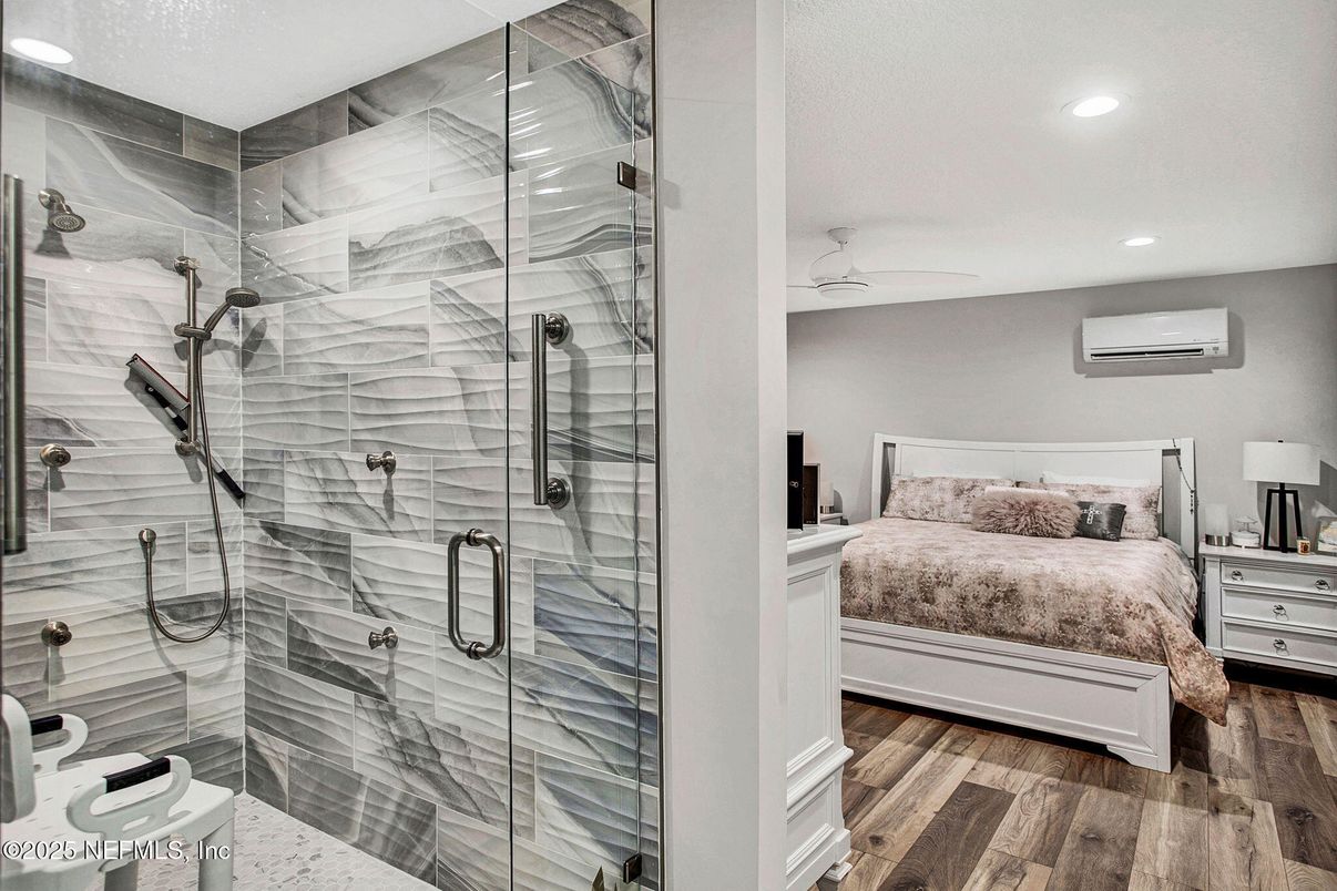 Bathroom, Bedroom, Glass Shower, Interior, Recessed Lighting, Wood Texture Flooring