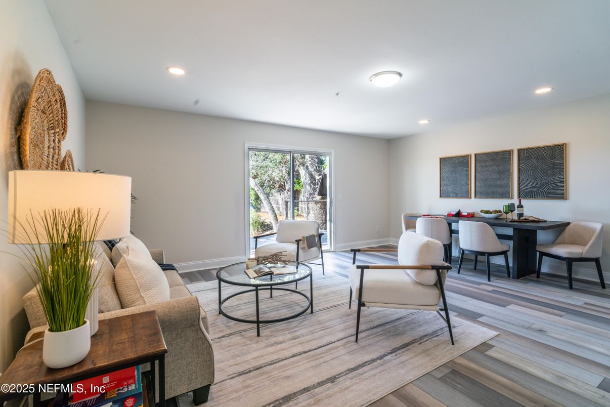 Dining room, Interior, Living room, Recessed Lighting, Wood Texture Flooring