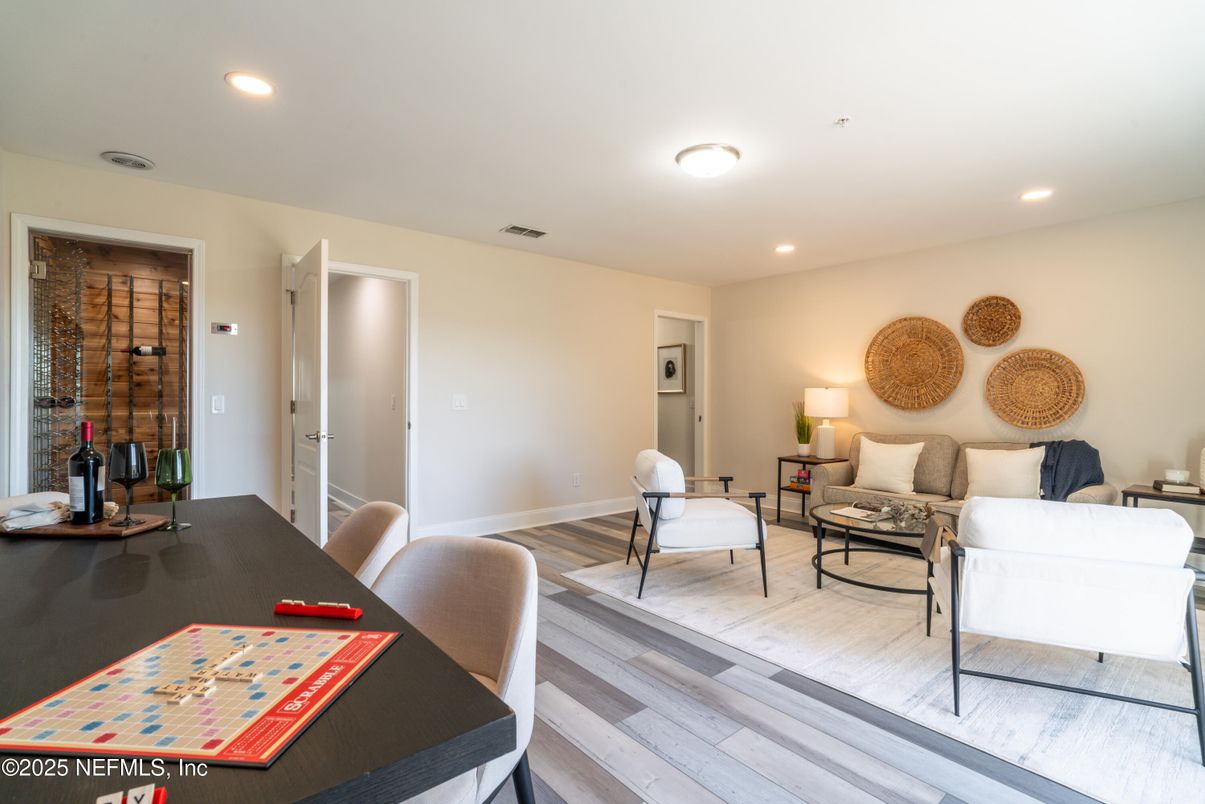 Interior, Living room, Recessed Lighting, Wine Storage, Wood Texture Flooring