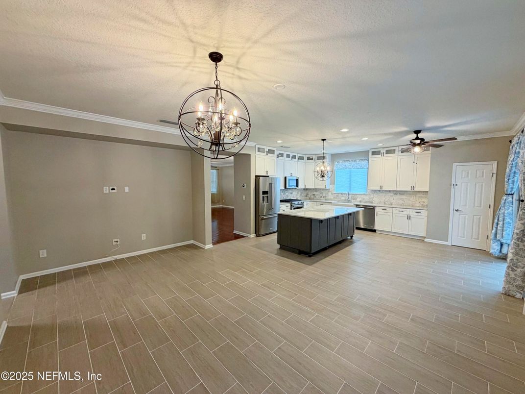 Chandelier, Interior, Kitchen, Pendant Lights, Recessed Lighting, Stainless Steel Appliances, Wood Texture Flooring