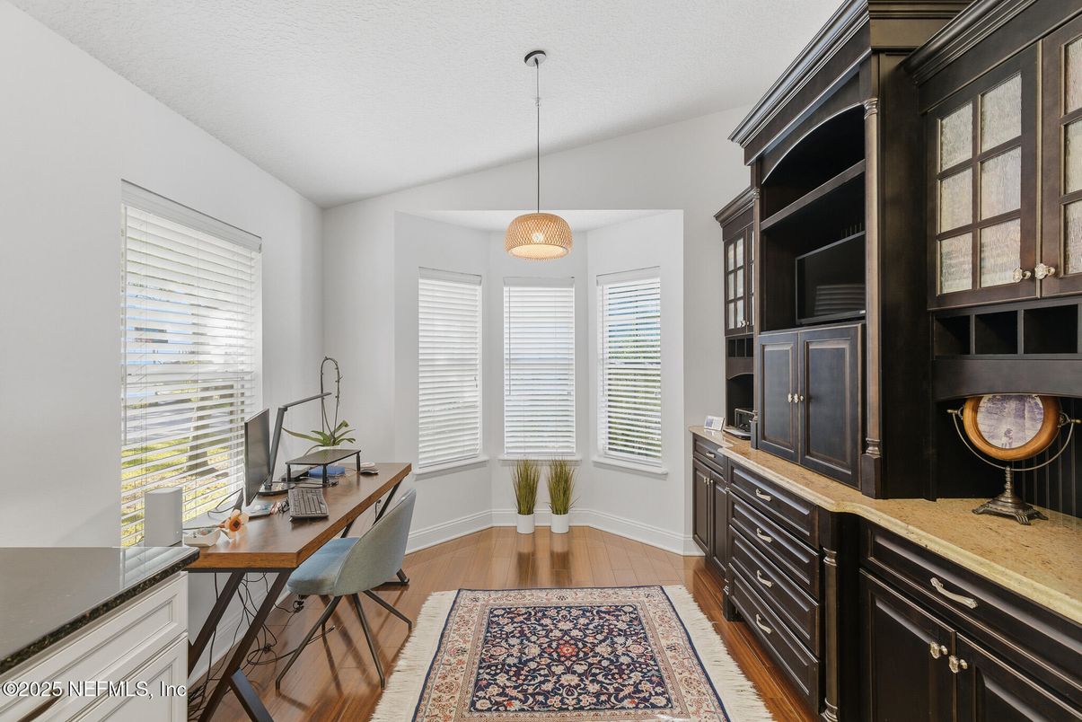 Fireplace, Home Office, Interior, Pendant Lights, Wood Texture Flooring