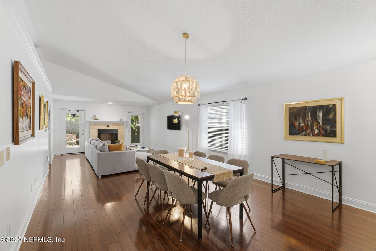 Dining room, Fireplace, Interior, Living room, Pendant Lights, Wood Texture Flooring