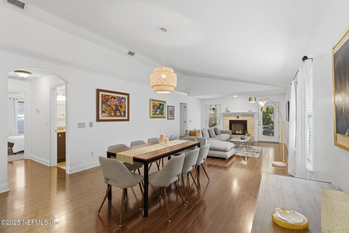 Chandelier, Dining room, Fireplace, Interior, Living room, Pendant Lights, Wood Texture Flooring