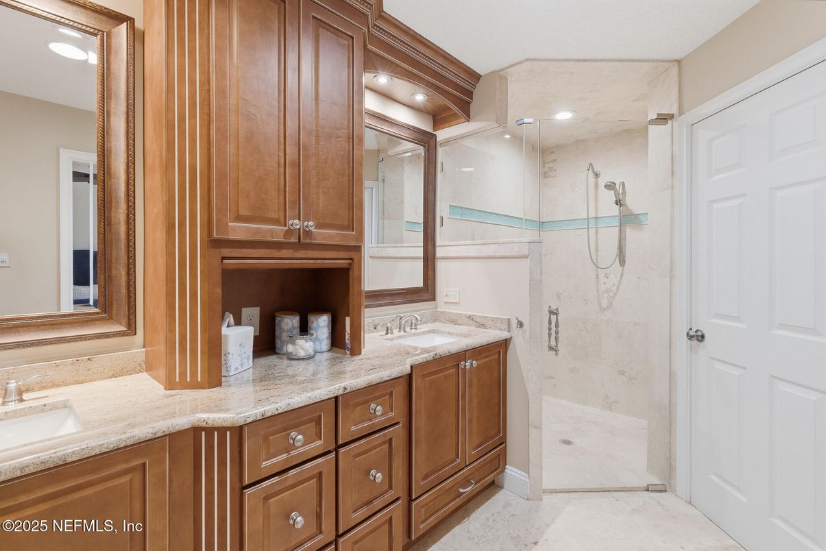 Bathroom, Dual Sink Vanities, Glass Shower, Interior, Marble Walls, Recessed Lighting