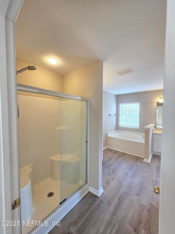 Bathroom, Glass Shower, Interior, Wood Texture Flooring