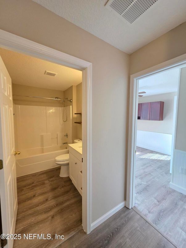 Bathroom, Glass Shower, Interior, Wood Texture Flooring