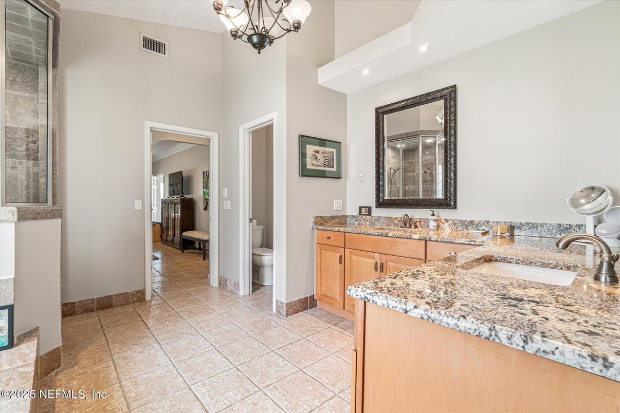 Bathroom, Chandelier, Dual Sink Vanities, Interior, Recessed Lighting