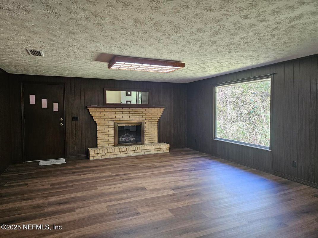 Empty room, Fireplace, Interior, Wood Texture Flooring, Wooden Walls