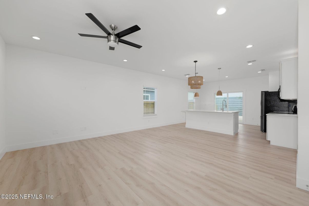 Chandelier, Empty room, Interior, Kitchen, Pendant Lights, Recessed Lighting, Wood Texture Flooring