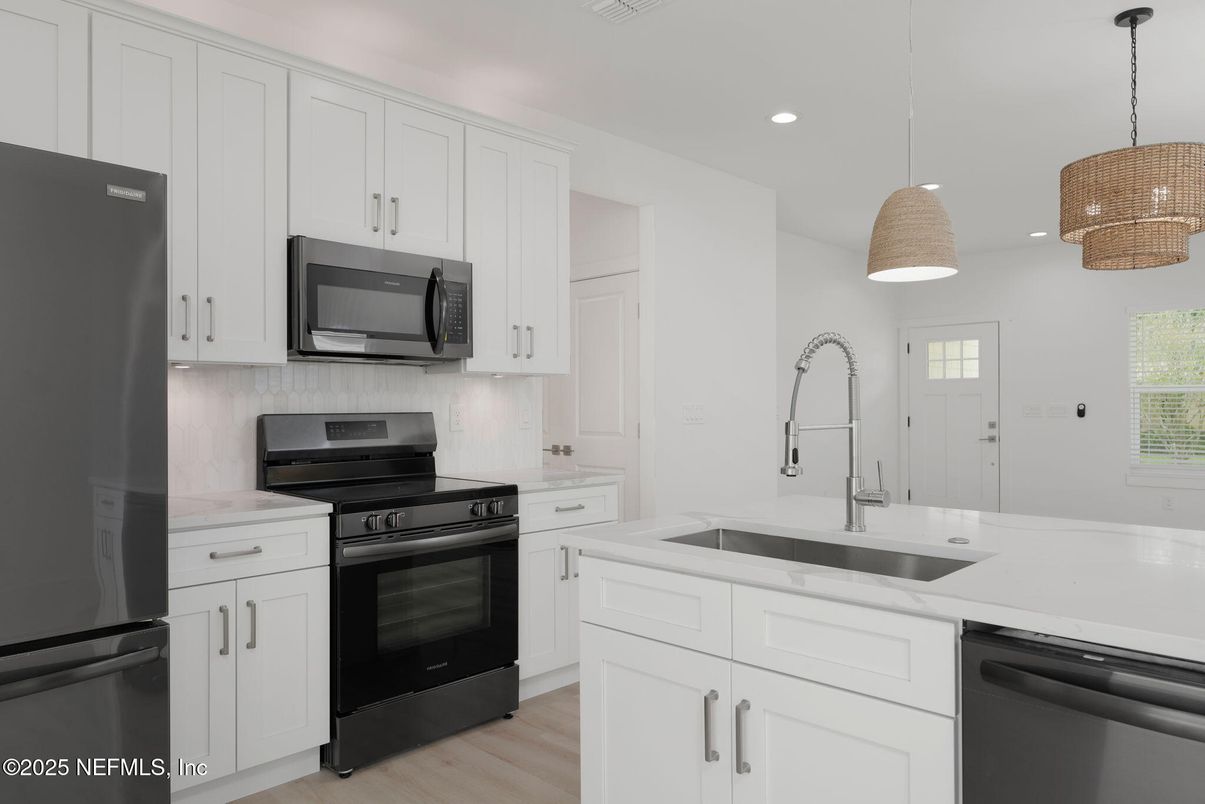 Interior, Kitchen, Pendant Lights, Recessed Lighting, Stainless Steel Appliances, Wood Texture Flooring