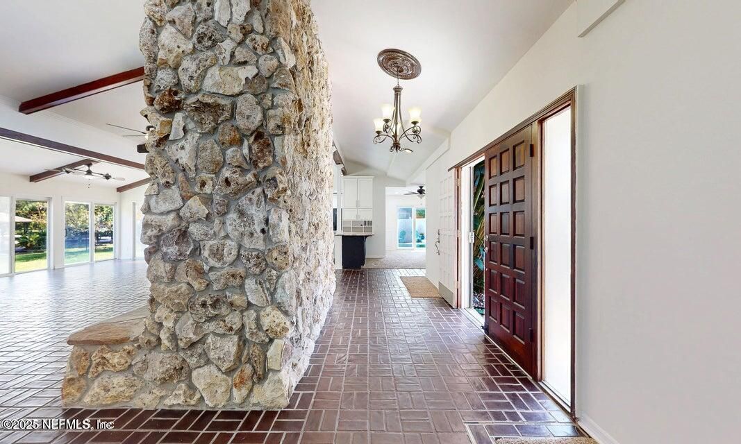 Chandelier, Interior, Pendant Lights, Stone Walls, Wooden Beams