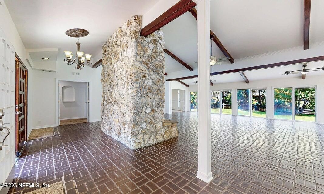 Chandelier, Empty room, Interior, Wooden Beams