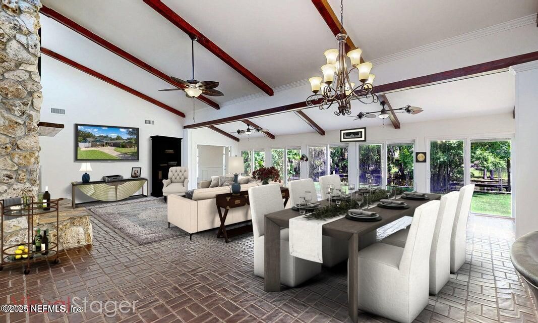 Chandelier, Dining room, Interior, Living room, Stone Walls, Wooden Beams