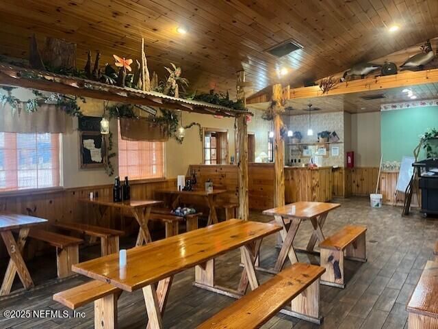 Dining room, Interior, Pendant Lights, Wooden Ceilings, Wood Texture Flooring, Wooden Walls